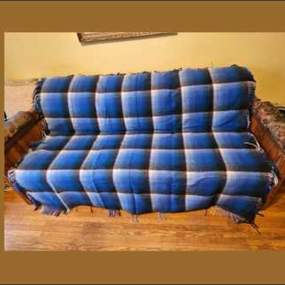 Modern look, excellent vintage blanket, wool & rayon, check shawl pattern - Picture 2 of 6